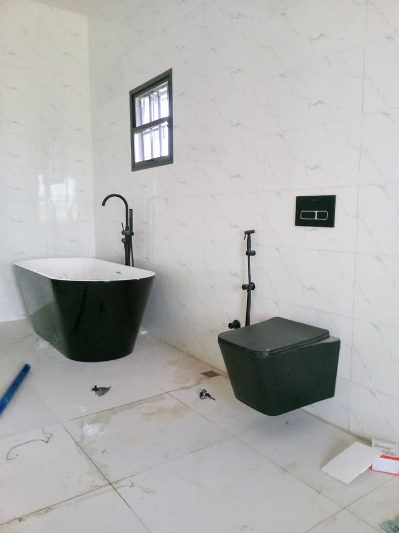 Freestanding bathtub and wall-hung toilet plumbing