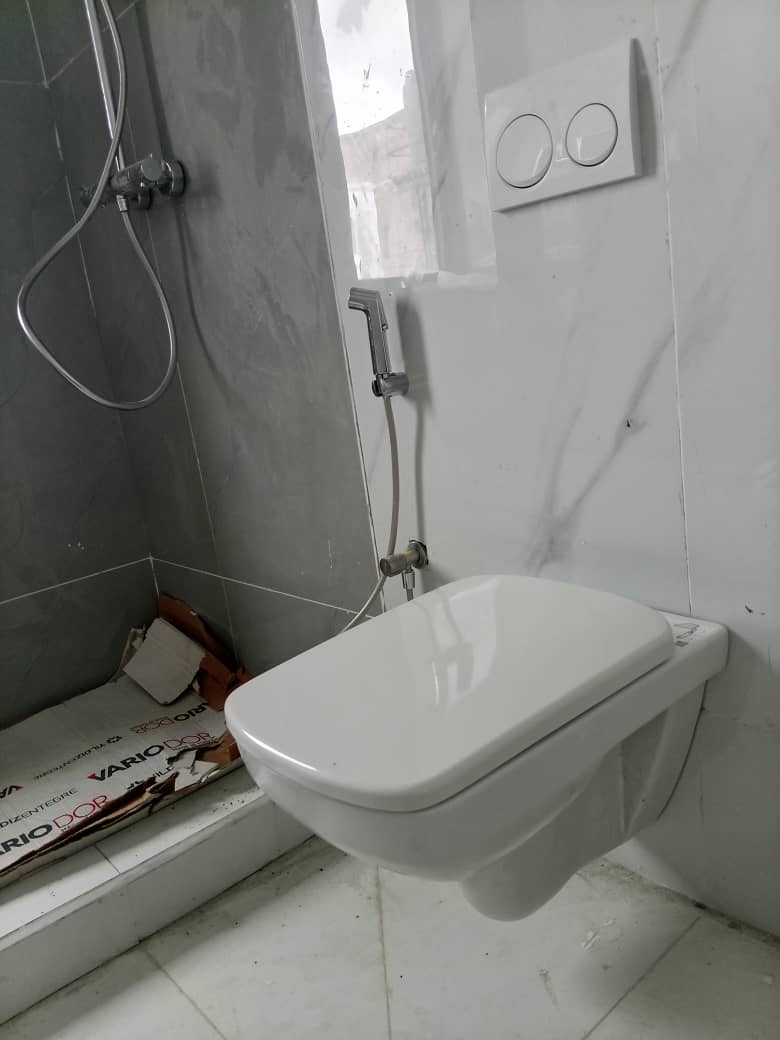 Wall-hung toilet installed with concealed dual-flush plate